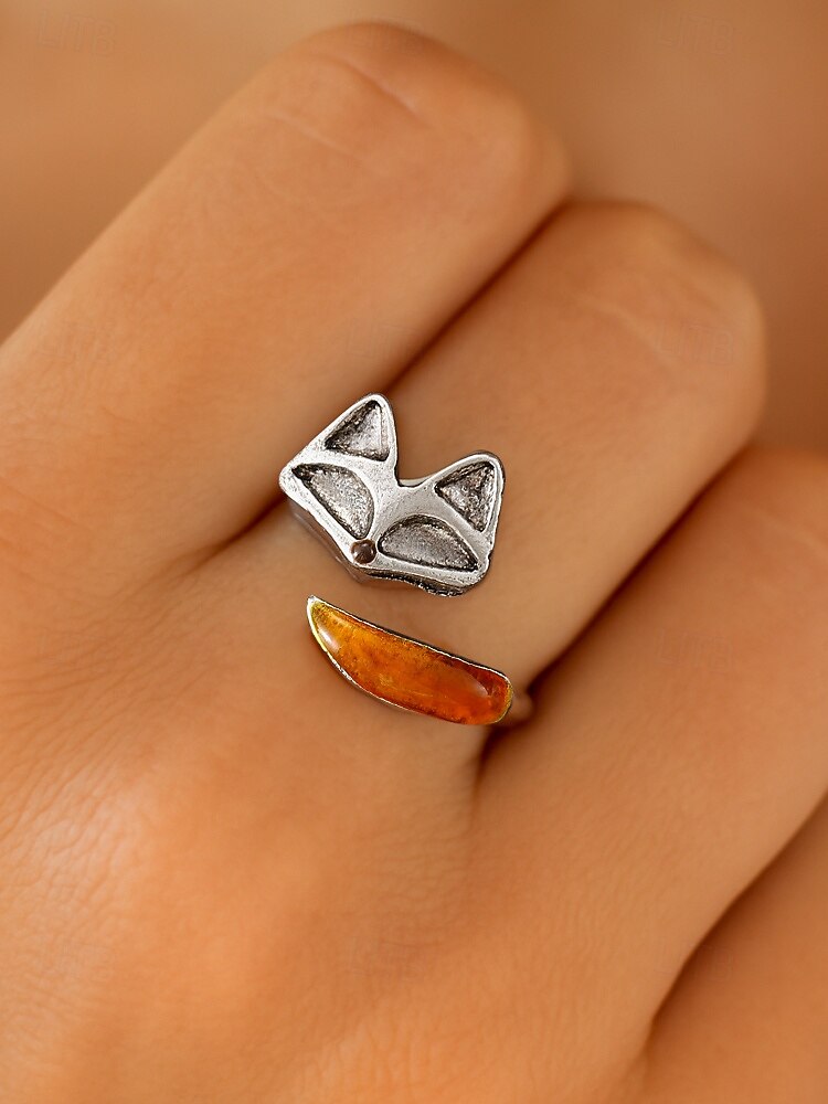 anello in lega regolabile da donna con design a forma di volpe – grazioso anello aperto a forma di animale con accenti color ambra per ragazze e donne, ideale per l'uso quotidiano, regali e abiti casual del 2025 a $7.99 –P1