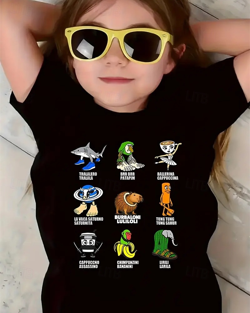 Camiseta engraçada com estampa de Brainrot italiana para meninas - camiseta leve e elástica com tecido elástico leve para crianças de 4 a 12 anos, casual para o dia a dia &roupa de festa de de 2025 por $11.99 –P3