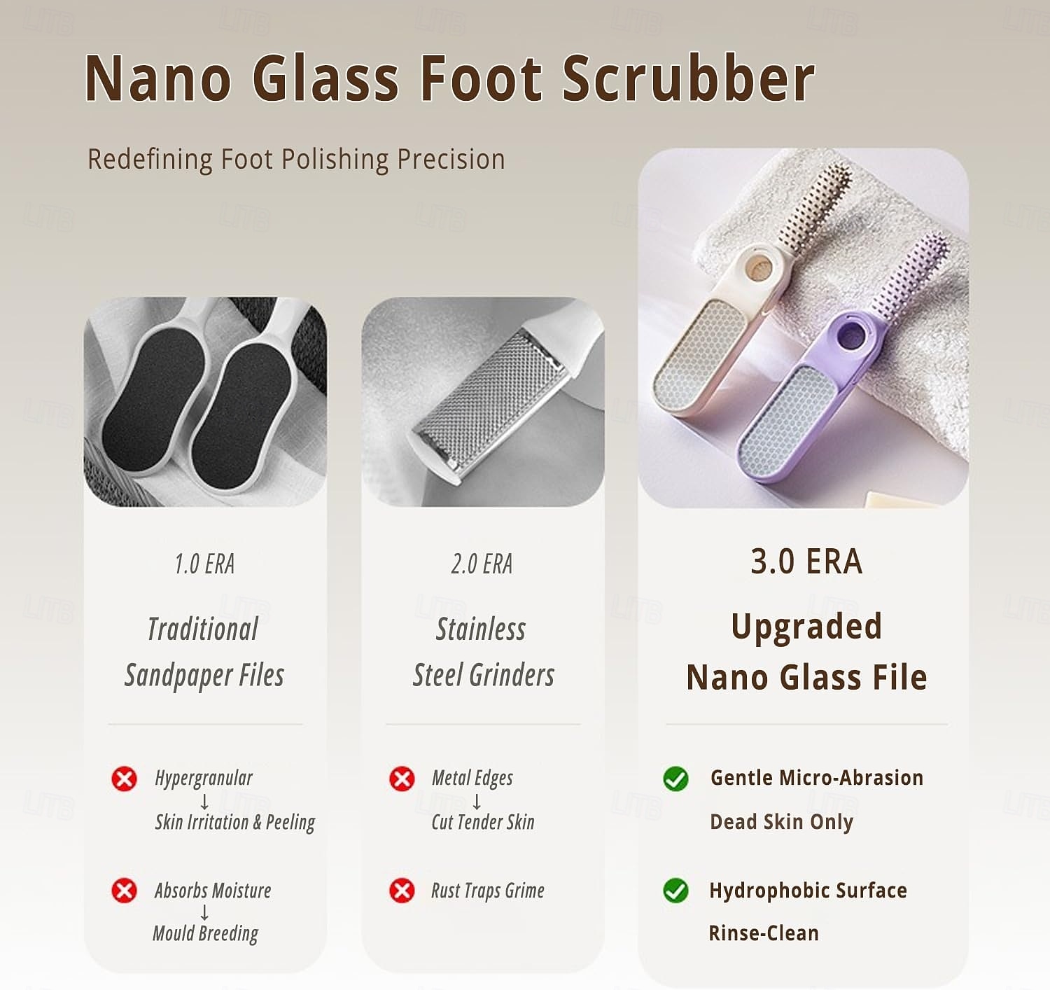 2-in-1-Nano-Glasfuß &Fußfeile zum Entfernen von Peelings &Massagebürste mit ergonomischem Griff, langlebiger Kunststoff, manueller Rasierer in Hellbeige für glatte Füße, Hände, Ellbogen und Knie 2025 - $8.99 –P12