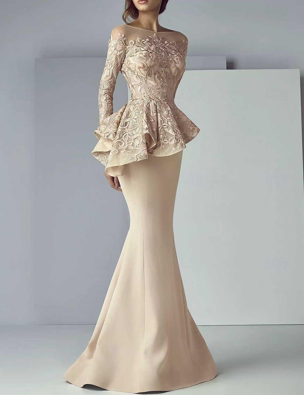 Mermaid Mother of the Bride Dress Formal Wedding Guest Elegant Scoop Neck Floor Length Lace Stretch Fabric Long Sleeve with Ruffles Appliques 2025 - $219.99 –P1