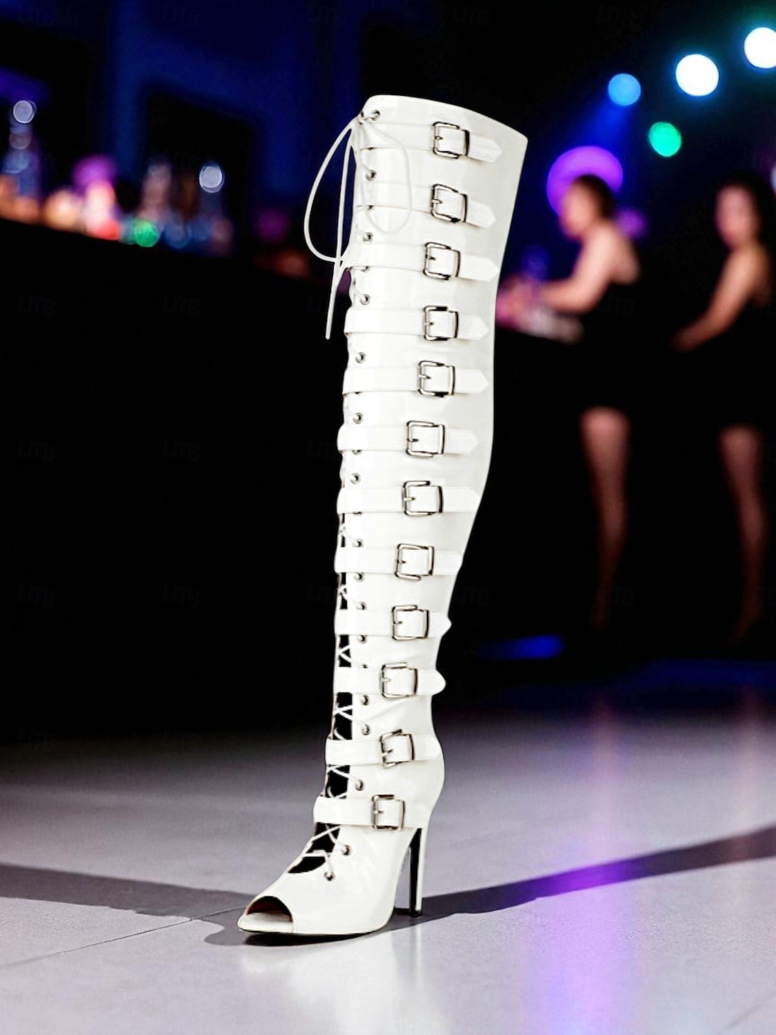 Botas femininas brancas com fivela alta na coxa - botas de festa sexy com salto agulha e peep toe para mulheres, calçados da moda gótico punk para boates, apresentações de palco e festivais de 2025 por $94.99 –P4
