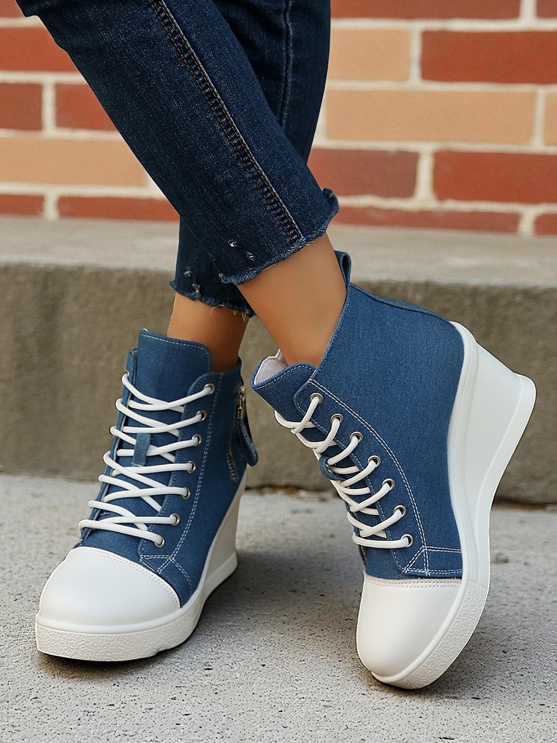 damskie buty sportowe na koturnie z denimu, sznurowane z przodu i zapinane na suwak z boku, codzienne buty na wysokiej platformie do noszenia na co dzień 2025 - $42.99 –P5
