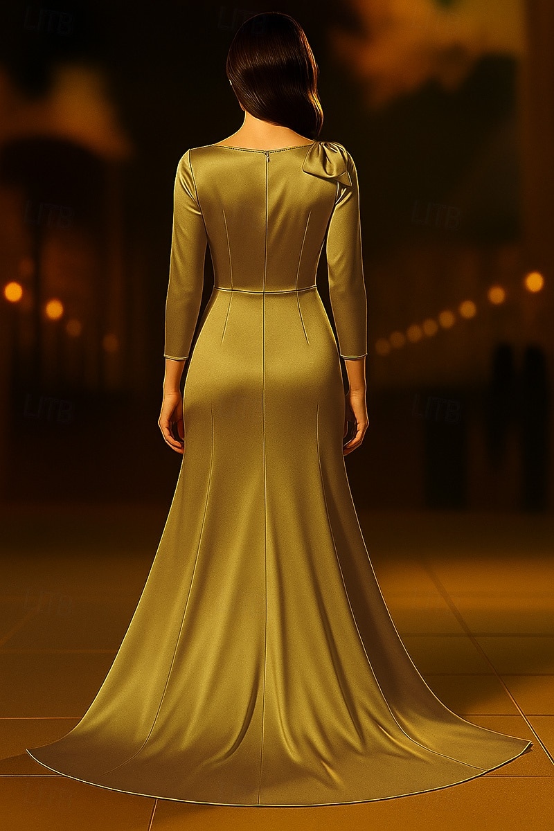 Robe de soirée trapèze dorée élégante, robe de mariée formelle, traîne courte, manches 3/4, col en V, satin avec nœud(s) froncé(s), 2025 de 2025 ? $155.99 –P2