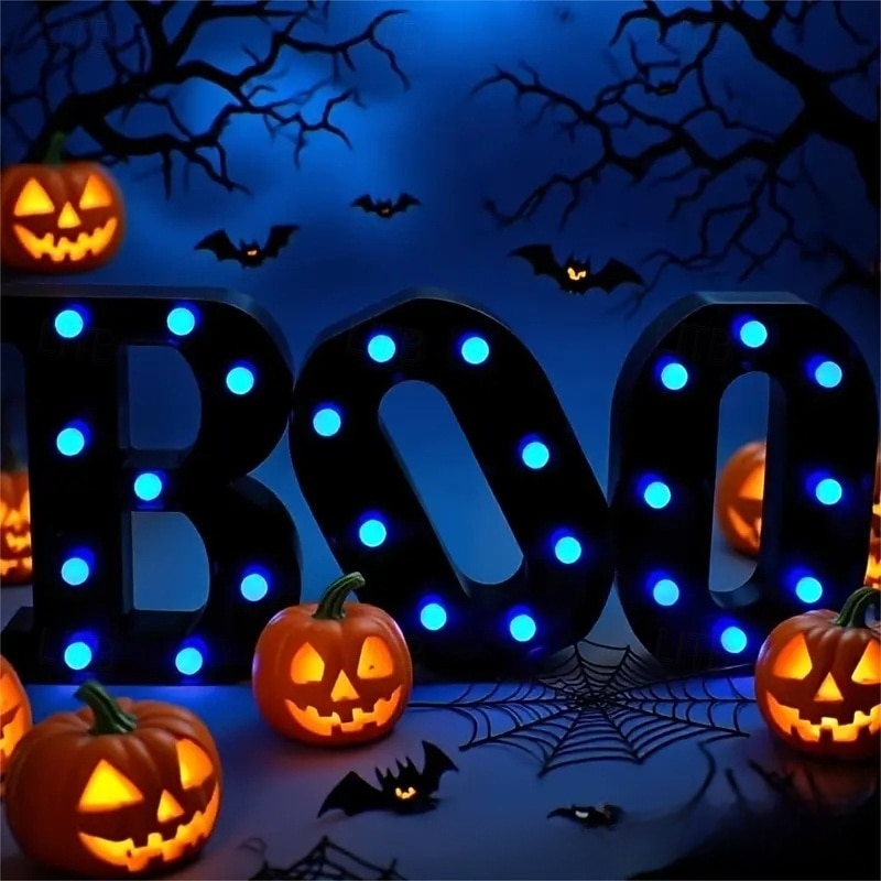Halloween-dekorasjoner innendørs - 3 LED-telt med lysende bokstaver, svart boo-skilt, halloween-bokstavlys til hjemmet, innendørs kjøkken, peis, festbord, dekorutstyr 2025 - $21.97 –P7