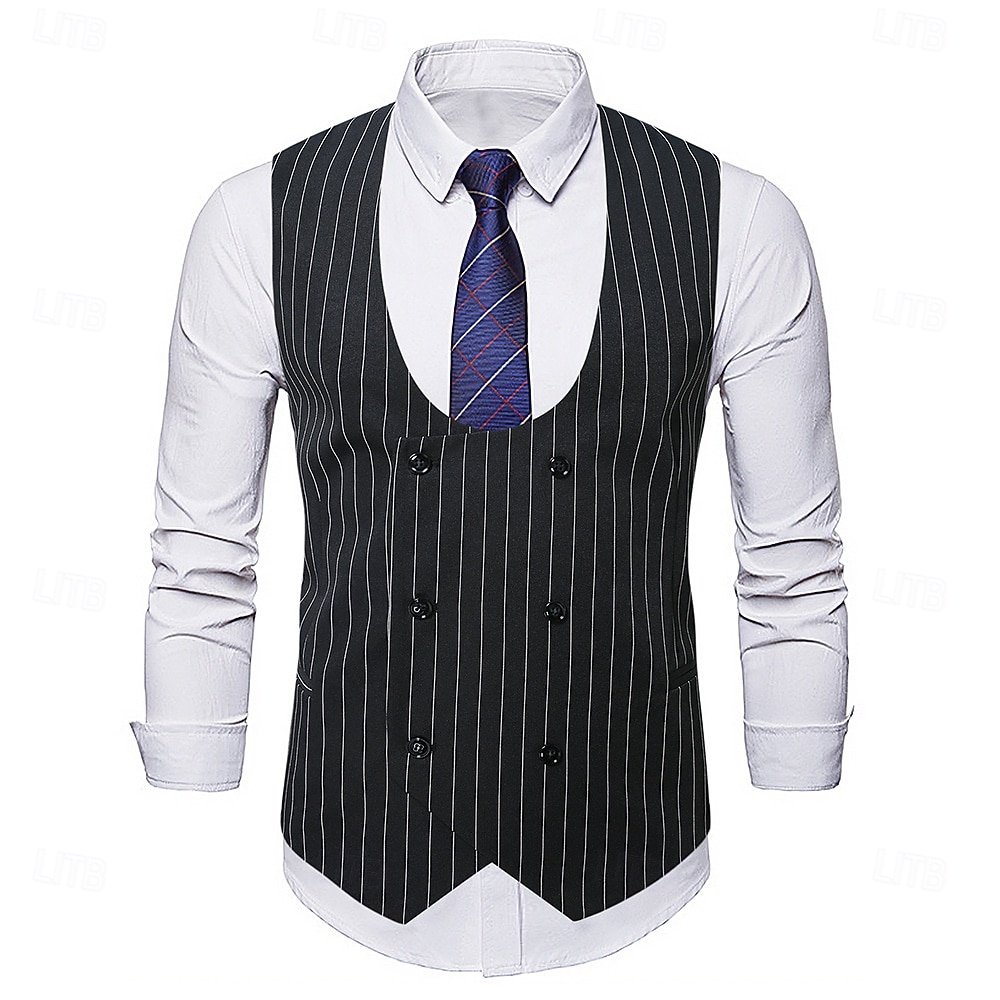 Per uomo Gilet Abbigliamento da cocktail Formale Casuale Vintage Moda Primavera Primavera & Autunno Bottoni Poliestere Confortevole Semplice A righe Doppiopetto Collo a U Vestibilità aderente Nero del 2026 a $34.99 –P2