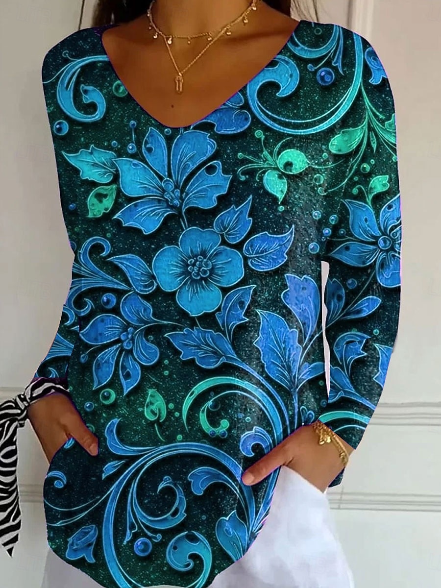 Tricou pentru femei cu decolteu în V mânecă lungă tunică grafic floral plante vintage stilat clasic topuri regulate imprimare zilnică albastru mov portocalie primăvară toamnă 2026 - $24.99 –P4
