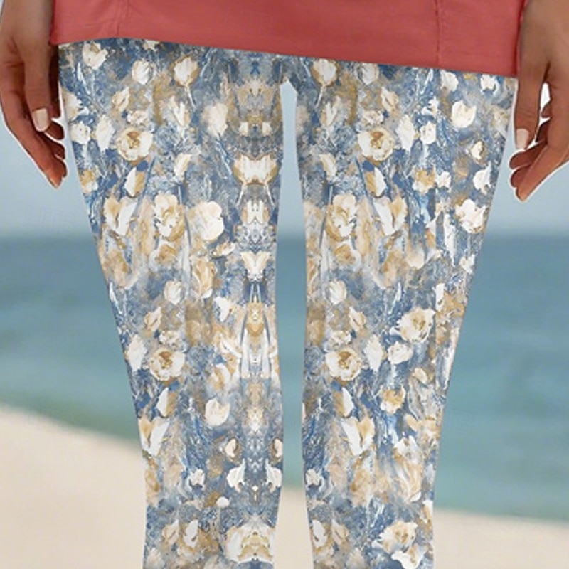 Women's Pants Trousers Leggings Cozy Leggings Streetwear Casual Full Length High Waist Floral Elastic Waist Print Breathability Comfortable Stretchy Vacation Street Daily Wear Blue Summer Spring Fall 2026 - $19.99 –P2