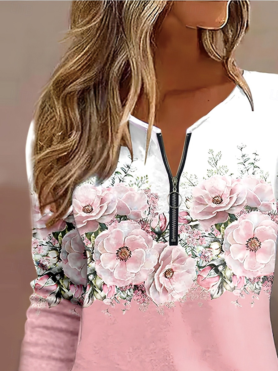 Femmes T-shirt A Ombre Fleuri Graphique Élégant ancien Classique manche longue Col rond Encolure en V Hauts Réguliers Quotidien Week-end Fermeture éclair Imprimé Rose Claire Bleu Ciel Violet de 2025 ? $23.99 –P2
