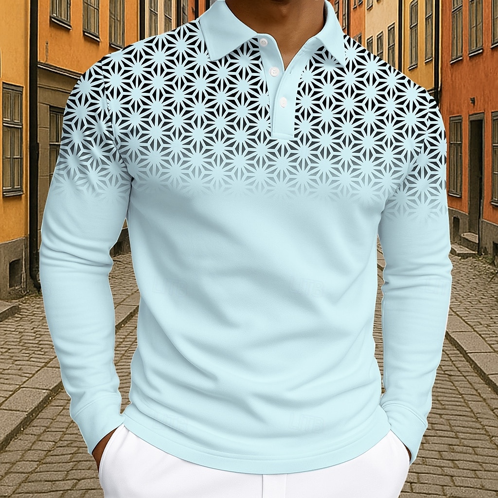 Herr Geometrisk Polo Långärmad Polotröjor Kavajslag Business Casual Fritids- Dagliga kläder 3D-utskrift Knappar Vår Höst Vinter Svart Vit Blå 2025 - $21.99 –P6