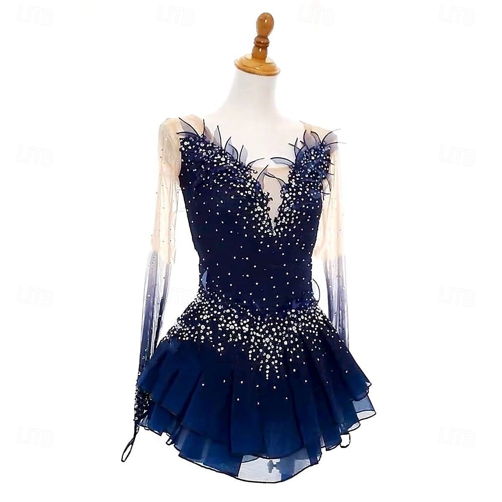 Figure Skating Dress Women's Girls' Ice Skating Dress Navy Blue Open Back Asymmetric Hem Mesh High Elasticity Training Competition Skating Wear Classic Crystal / Rhinestone Long Sleeve Ice Skating Figure 2026 - $239.39 –P2