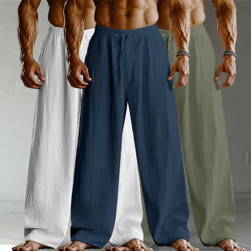 Men's Linen Pants Trousers Summer Pants Baggy Pants Drawstring Elastic Waist Straight Leg Plain Comfort Breathable Full Length Home Yoga Holiday Fashion Streetwear Black+White+Navy Blue 2026 - $37.99 –P12