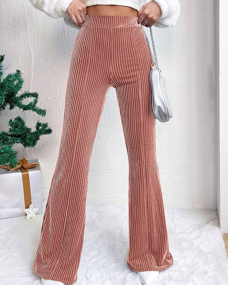 Mulheres Perna larga Calças de Veludo Calças Roupa de rua Casual Comprimento total Natural Tecido Cintura elástica Confortável Ao ar livre Férias Para Noite Vinho Pavão Azul Rosa claro cáqui Outono de 2026 por $22.99 –P1