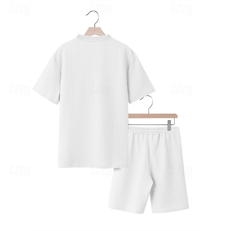 Voor heren Wafel Shirt T-shirt past 2 stuks outfits T-shirt en korte broek Korte mouw Strakke ronde hals Zomer Effen Modieus Casual Jacquard 2-stuks Vakantie Alledaagse kleding Uitgaan Zwart Wit Khaki 2025 - $36.99 –P8