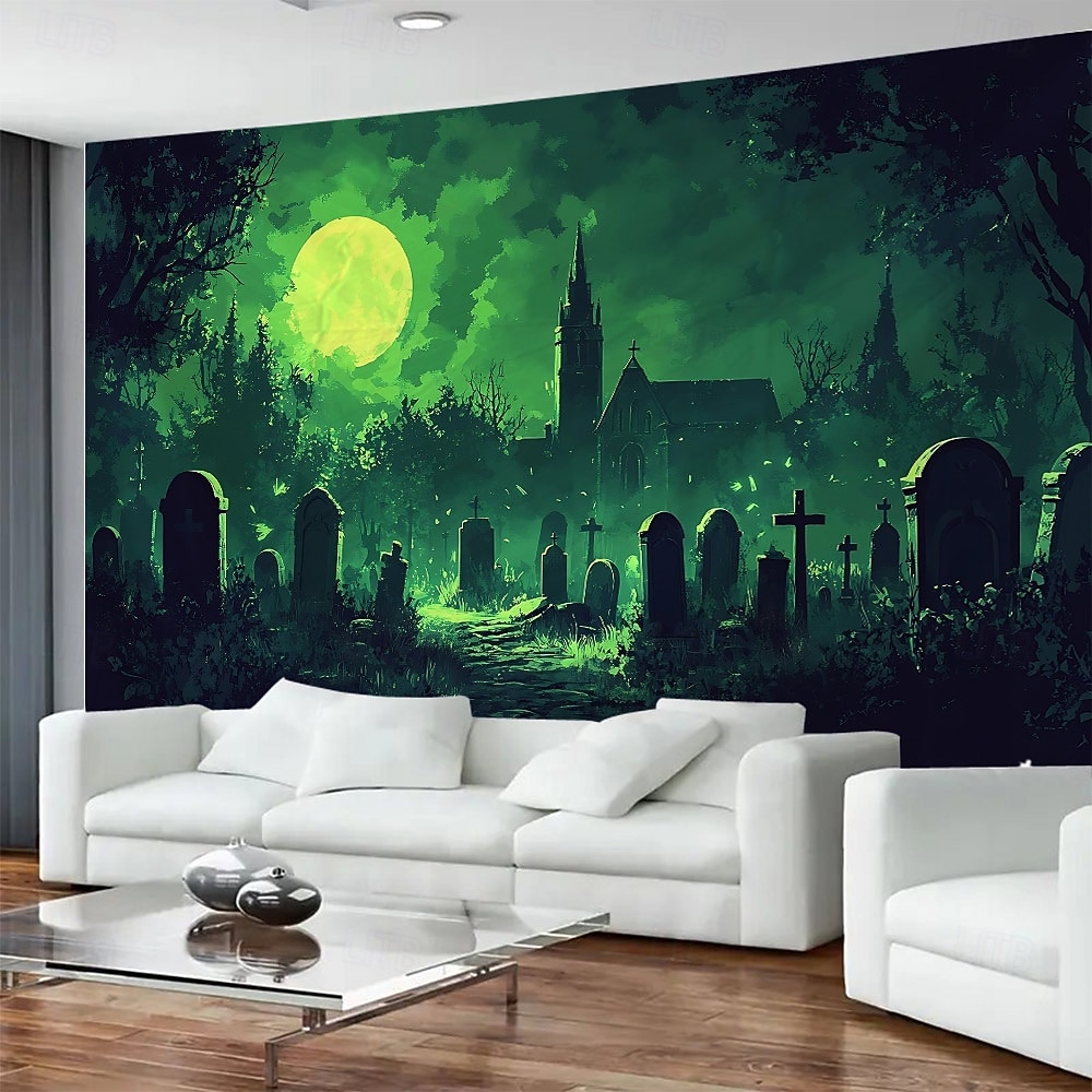 arazzo con sfondo fotografico di Halloween, cimitero cupo, lanterna di zucca e scenario di luna piena, grande murale decorativo per camera da letto, soggiorno, festa e decorazione della casa del 2026 a $17.99 –P1