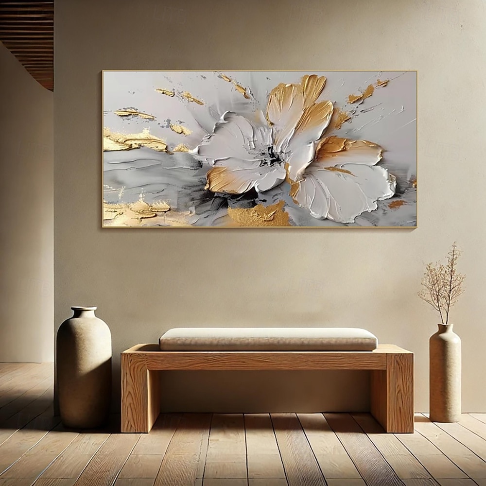 Pintura a óleo de flores douradas sobre tela, arte de parede feita à mão, pintura floral branca abstrata, decoração de sala de estar, decoração de casa, pintura enrolada, sem moldura, sem esticar de 2025 por €37.65 –P6
