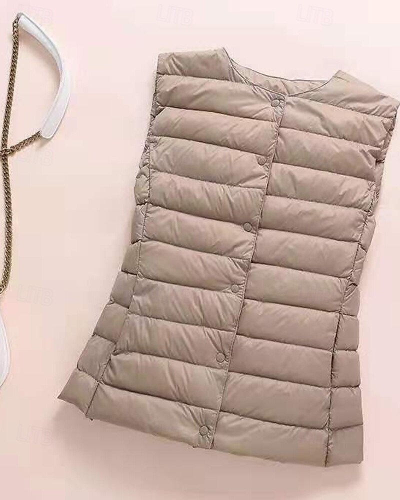 Dame سترة Bekvem Knapper Fritid عادي Ut på byen Helg Enkeltkneppet Normal Crewneck Normal Ermeløs Yttertøy Svart Hvit Kakifarget Høst Vinter 2025 - $27.99 –P3
