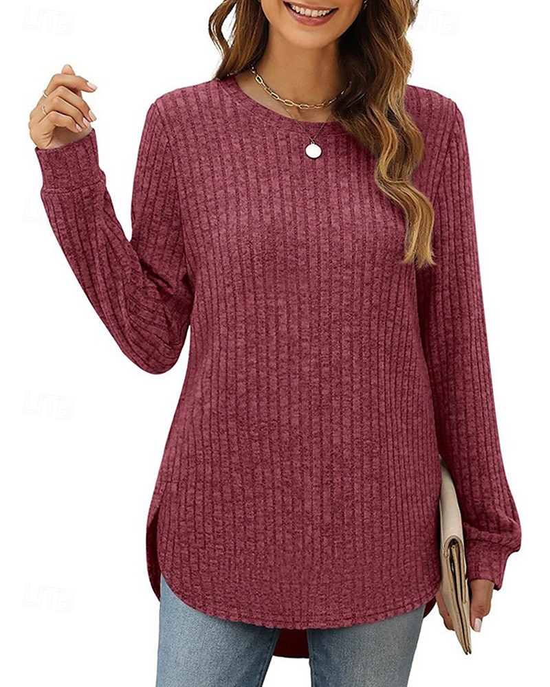 Damen Textur Bluse T Shirt T-Shirt Einfach Mode Modern Langarm Rundhalsausschnitt Normale Oberteile Täglich Ausgehen Asymmetrisch Schwarz Wein Fuchsie Braun Grün Frühling Herbst 2025 - $21.99 –P9