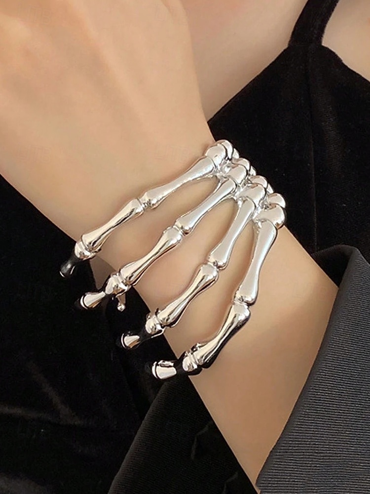 Bracciale rigido da donna con scheletro in osso di Halloween – bracciale rigido in lega gotica a 4 file con cerniera, regolabile, bigiotteria di tendenza per cosplay, feste e serate fuori del 2025 a $11.99 –P3