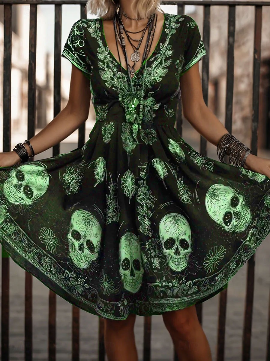 Halloween Damskie Sukienka mini Codzienne sukienki Sukienka t-shirtowa Sukienka letnia Sukienka A line Urlop Codzienny Boho Plaża Regularny Graficzny Czaszka Krótki rękaw W serek Biały Rumiany r 2025 - $22.99 –P3