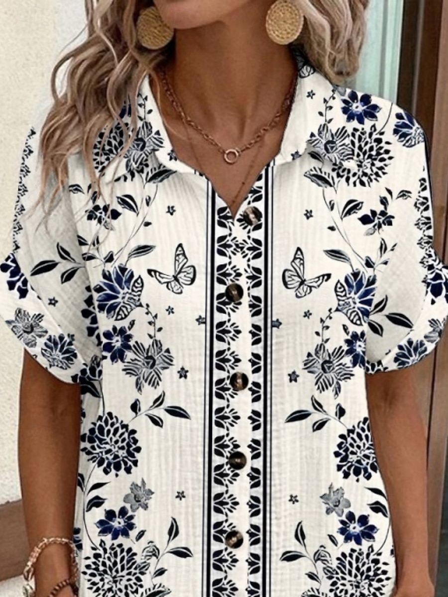 2026年 女性用 ミニドレス シャツドレス カジュアルドレス プリントドレス ファッション 近代の 日常 ビーチ 週末 レギュラー フラワー 半袖 シャツカラー ブルー 夏 春 秋  コレクション – $41.99 –P2