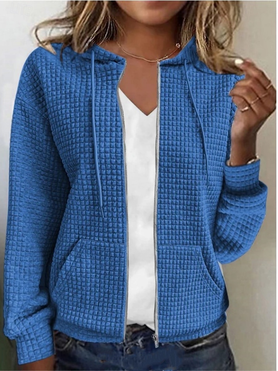 Women's Casual Jacket Hoodie Jacket Comfortable Breathable Zipper Pocket Full Zip Casual Plain Vacation Street Casual Daily Wear Zipper Regular Hooded Regular Fit Long Sleeve Outerwear Black White 2026 - $34.99 –P5