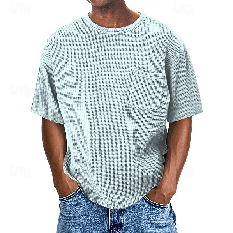 2025年 男性用 ワッフルTシャツ Tシャツ 半袖シャツ ティートップ 半袖 クルーネック 夏 平織り ファッション デザイナー ベーシック ポケット バケーション ストリート お出かけ ブルー ネイビーブルー パープル メンズトップTシャツ  コレクション – $18.49 –P4