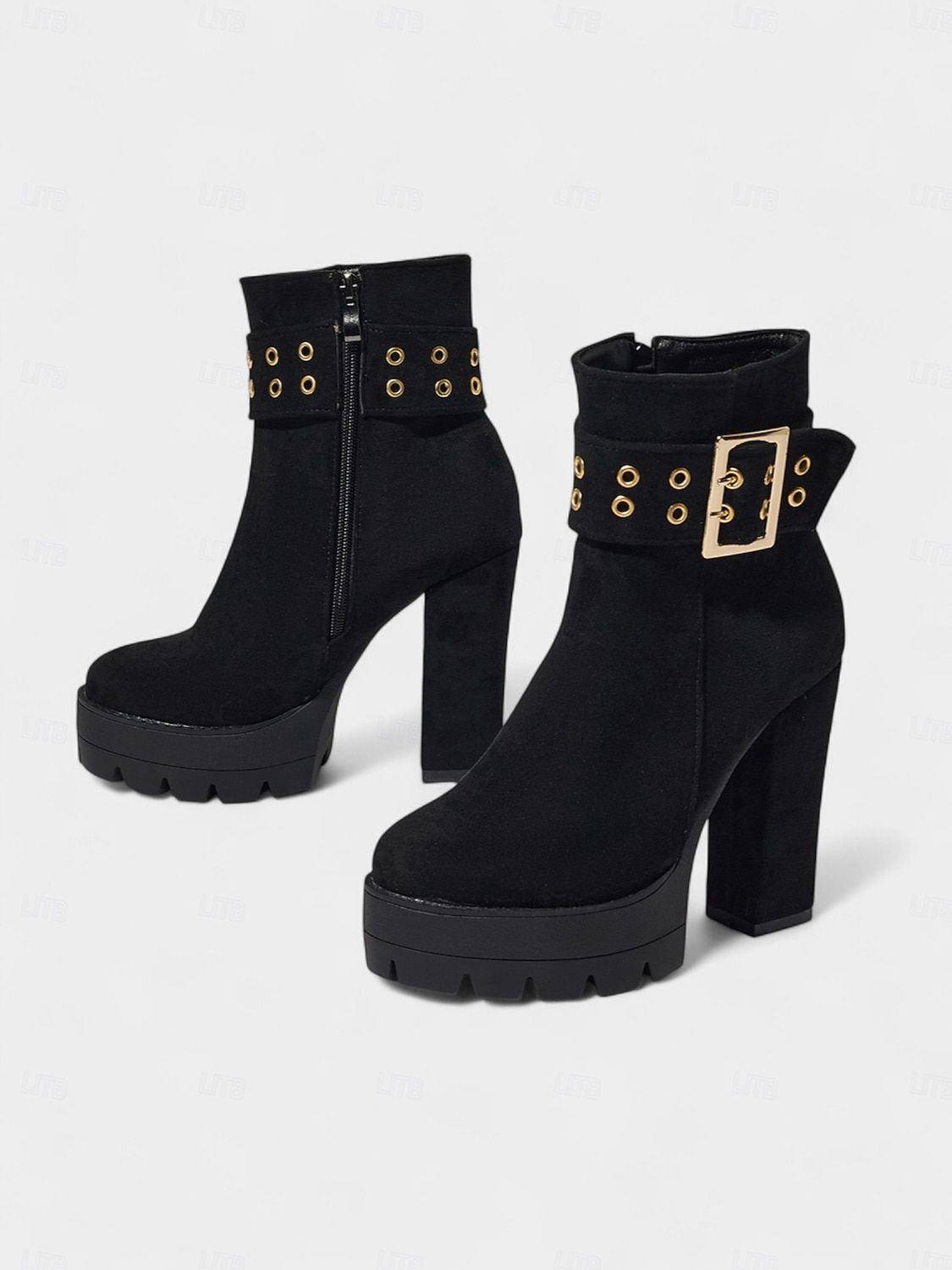 bota feminina plataforma de camurça preta com salto grosso e fivela dourada &fecho de zíper - festa ousada &calçados de concerto para looks de outono e inverno de 2025 por $59.99 –P6