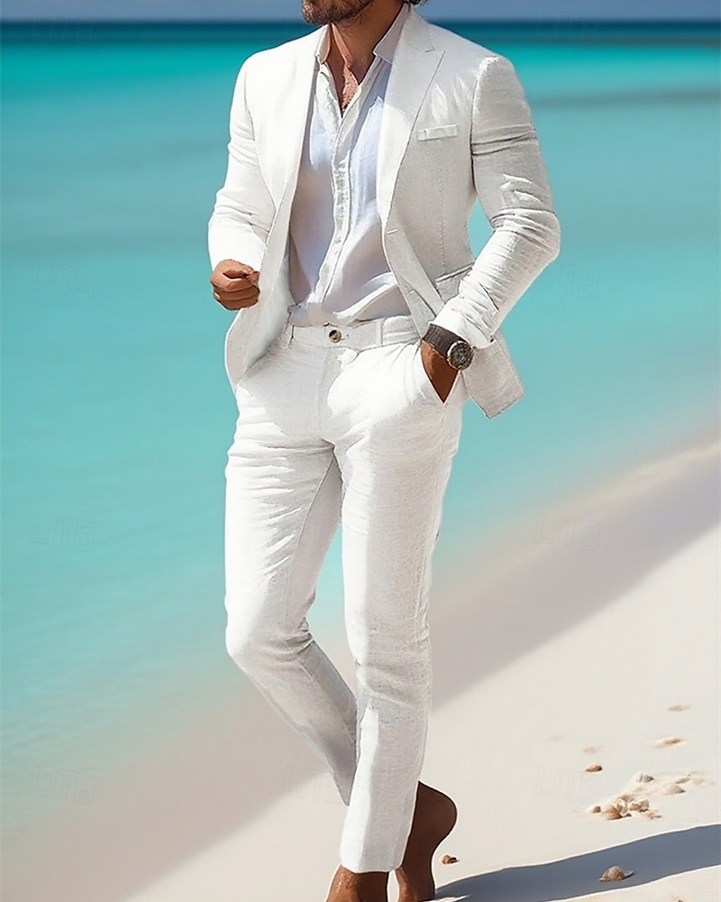 Homme Blazer en lin Ensemble Affaires Cocktail Fête de mariage Mode Occasionnel Printemps Automne 30% Lin 60% polyester Uni Avec Poches 2 pièces Confortable Simple Boutonnage veste Blanche Kaki Bleu de 2025 ? $79.99 –P10