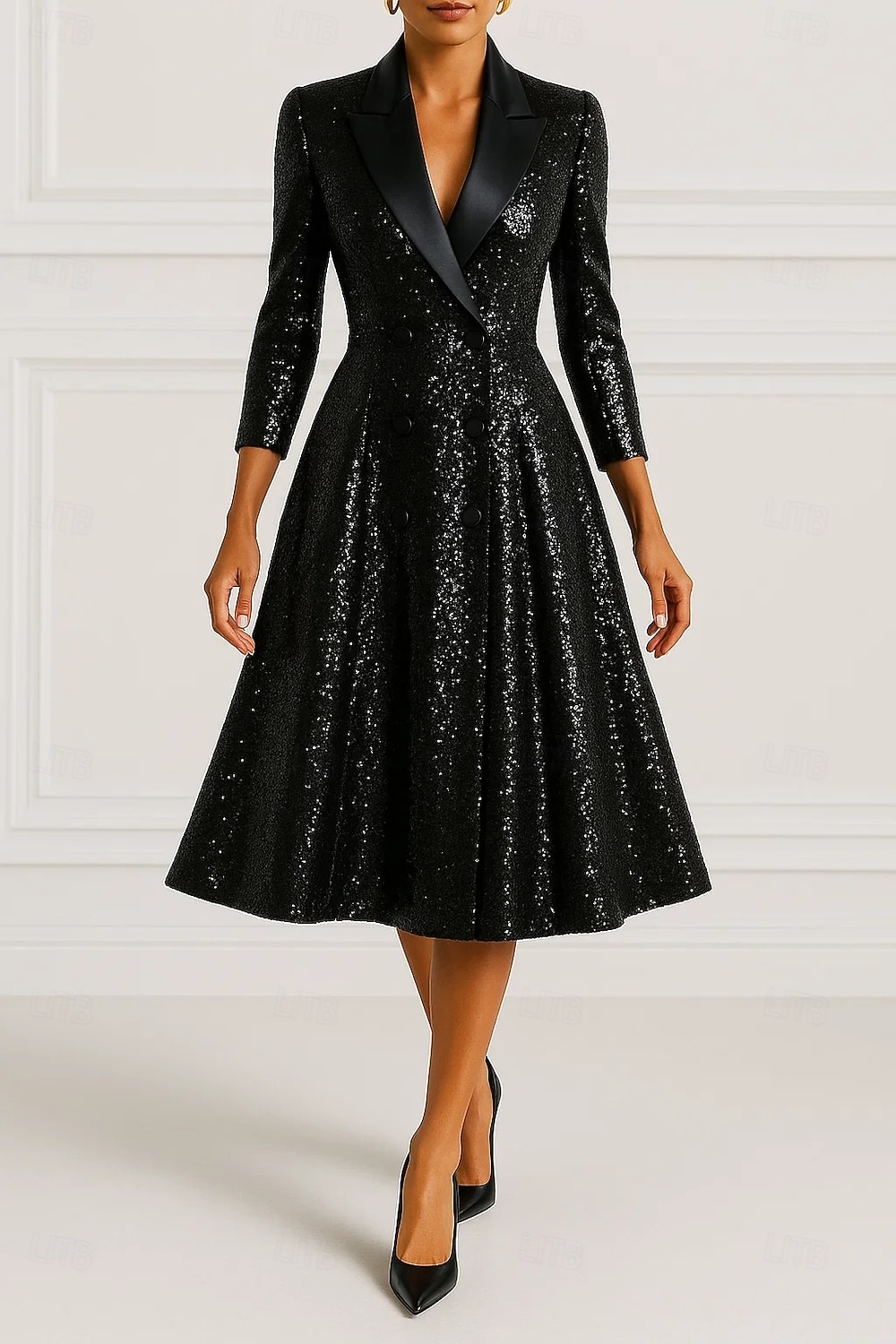 Szmoking ruha A-vonalú Előírásos Szatén Flitter Elegáns Szüret 3/4 ujjú rakott Midi Csúcs hajtóka Dupla soros 2025 - $154.99 –P1