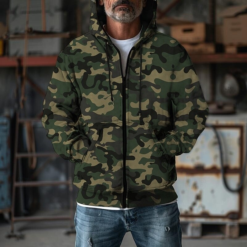 Per uomo Felpa con cappuccio Felpa con cappuccio a zip intera Felpa con cappuccio mimetica Verde mimetico Con Cappuccio Mimetico Cerniera Tasca Sport & Outdoor Casuale Quotidiano Streetwear Cool del 2025 a $32.99 –P1