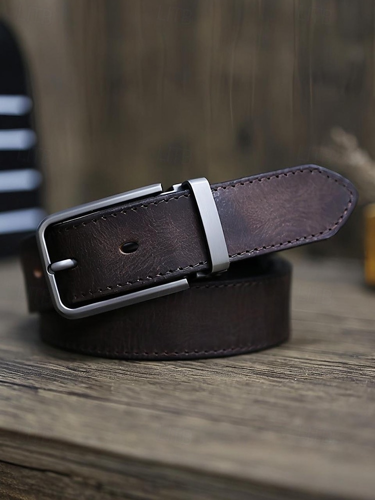 Мужской ремень из натуральной коровьей кожи – винтажный коричневый ремешок с пряжкой из матового сплава, регулируемый для джинсов, работы, деловой и повседневной одежды 2026 - $29.99 –P12