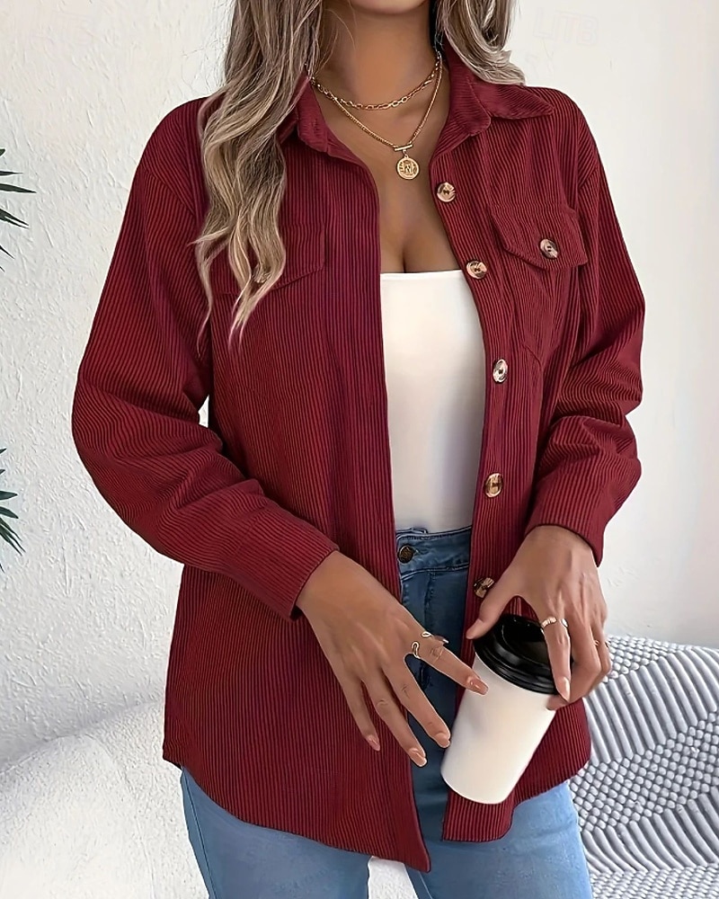 Per donna Camicia Blusa con texture Blusa Semplice Moderno Casual Manica Lunga Colletto a Camicia Top Regolari Quotidiano Uscire Tasca Bottoni Nero Vino Cachi Autunno del 2025 a $26.99 –P14