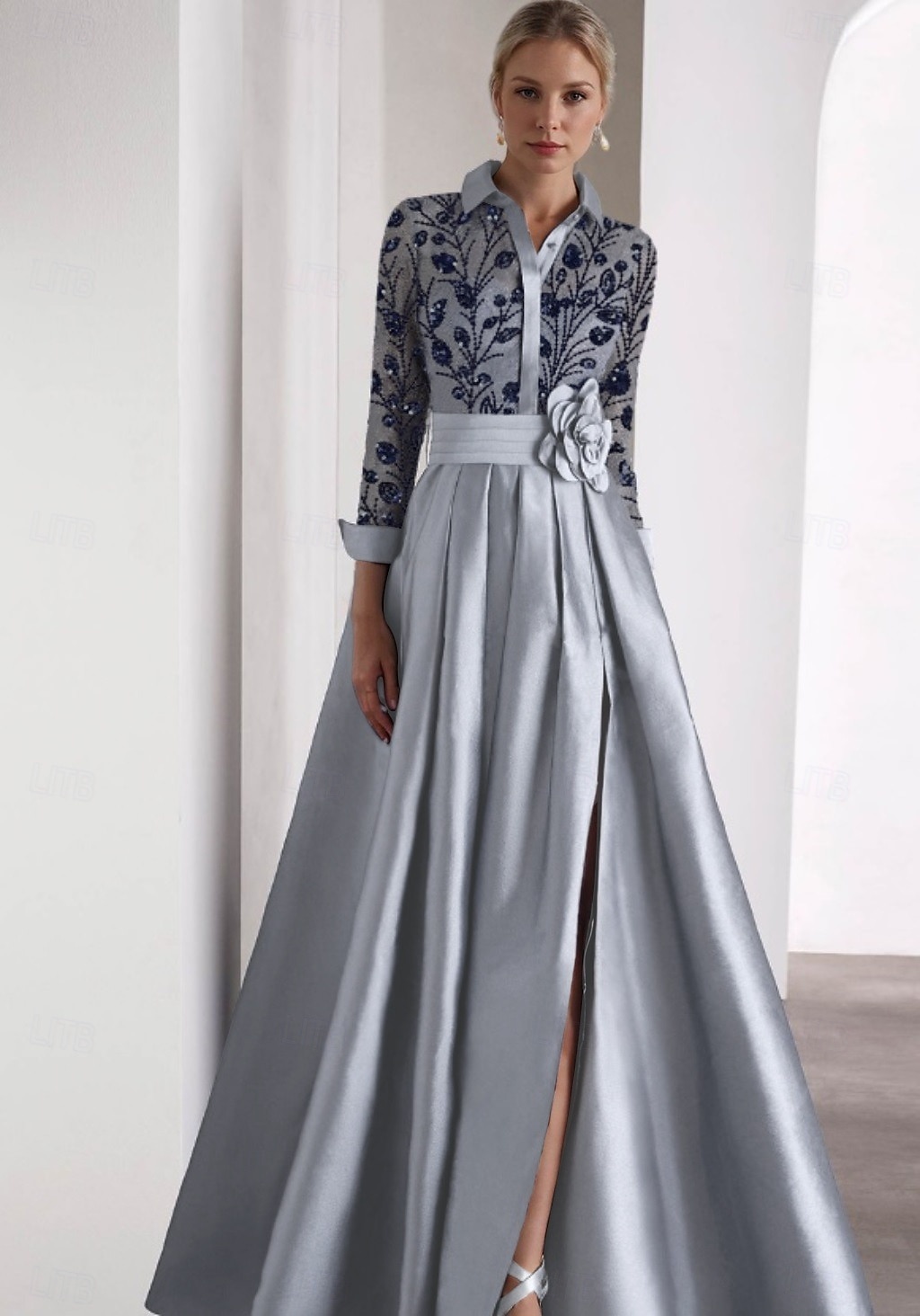 Brodert A-Linje Kveldsdrakt Elegant Kjole Formell Bryllupsgjest Gulvlengde Lang Erme Skjortekrage SATIN med Glitrende Slitt 2025 - $162.99 –P3