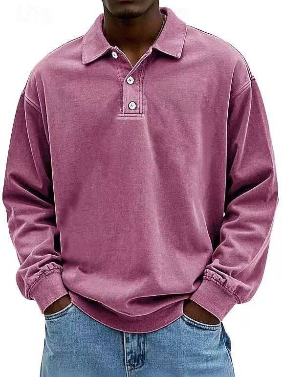 Herr Skjorta Polokrage Långärmad Ledigt / vardag Mjukt Spänne Enfärgad / vanlig färg Svart Rodnande Rosa Sportkläder Polyester 2025 - $28.99 –P9