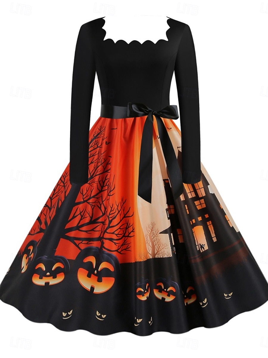 Halloween Femmes Robe Midi Robe trapèze Occasionnel Quotidien Fête Coupe régulière Potiron manche longue Col carré Jaune foncé Noir Jaune Orange Été Printemps Automne de 2025 ? $29.99 –P2