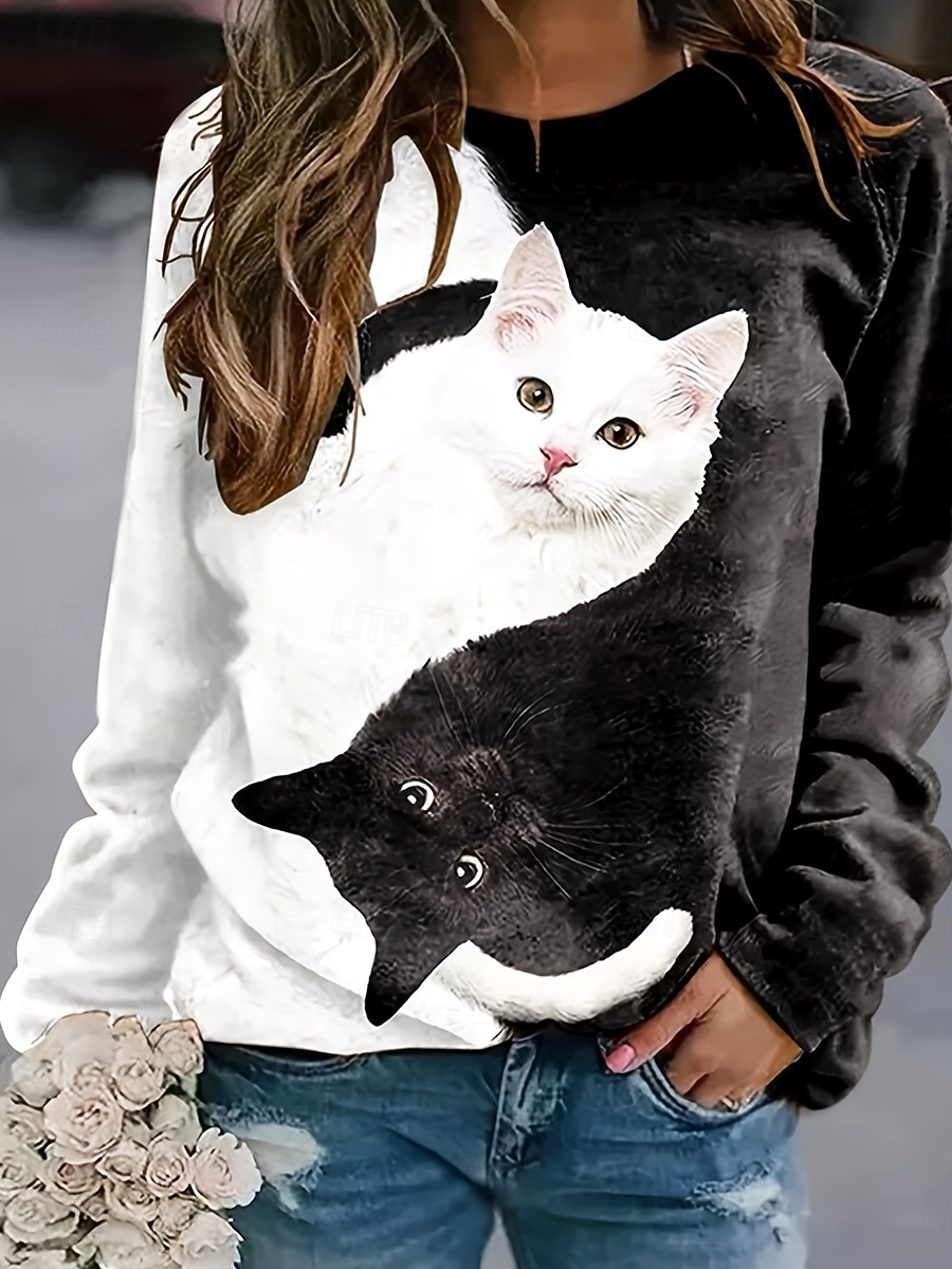Tricou de damă cu mânecă lungă grafică animal pisică vintage elegant clasic guler rotund bluze obișnuite imprimeu zilnic alb și negru primăvară toamnă pretoamnă 2026 - $24.99 –P1