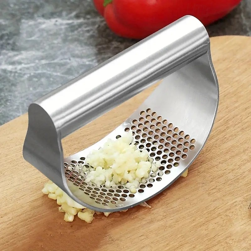 Knoblauchpresse aus Edelstahl – Knoblauchzerkleinerer mit gebogenem Ring für den Hausgebrauch, manueller Knoblauchzerkleinerer und -stampfer 2026 - $12.99 –P1