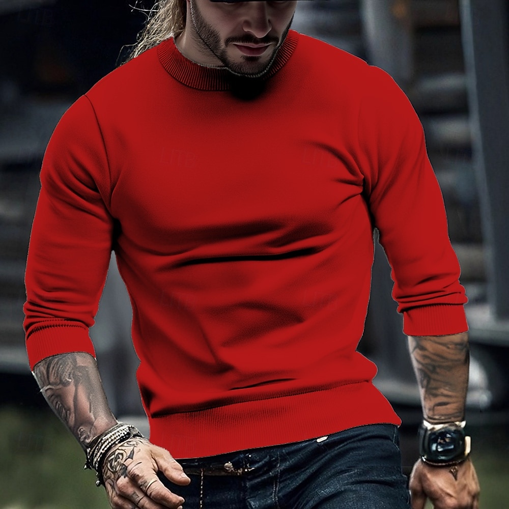 Voor heren Trui Gebreide trui Geribd breien Normale tops Gebreid Effen Hoge nek Modieus Basic Vakantie Alledaagse kleding Kleding Herfst Winter Rood Marineblauw S M L 2026 - $26.99 –P7