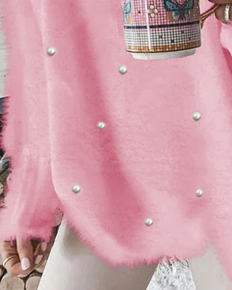 damegenser pullover-genser lodden koselig t-skjorte ensfarget ribbestrikket avslappet langermet v-hals topper daglig ute helg blonder rosa overdimensjonert høst vinter 2025 - $28.99 –P3