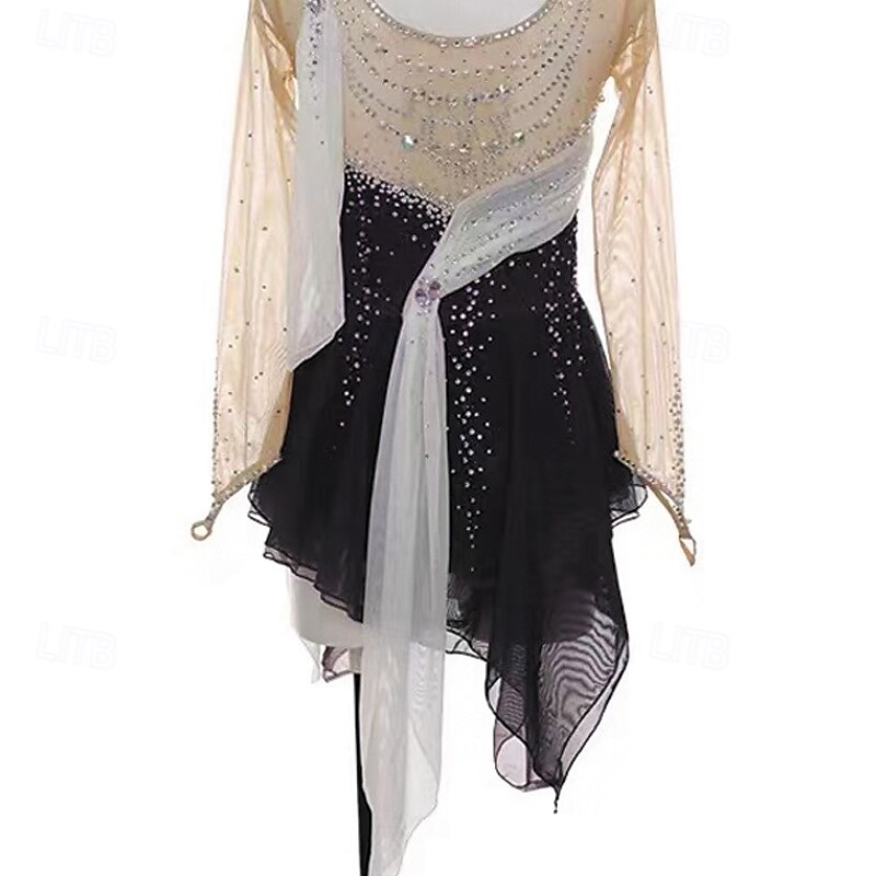 Eiskunstlaufkleid Damen Mädchen Eislaufen Kleid Schwarz Patchwork Daumenloch Netzstoff Spandex Dehnbar Training Übung Professionell Eiskunstlaufkleidung Thermowarm Kristall / Strass Langarm Eislaufen 2026 - $298.79 –P3