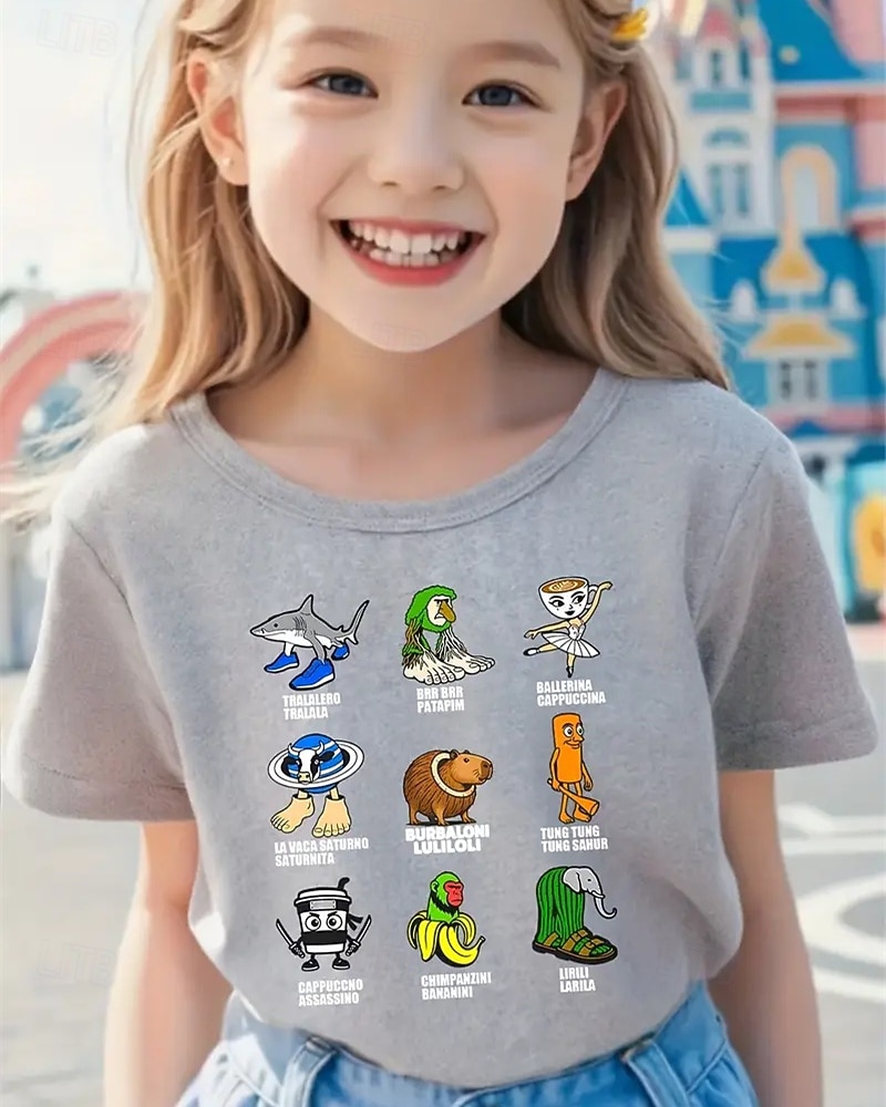 Camiseta engraçada com estampa de Brainrot italiana para meninas - camiseta leve e elástica com tecido elástico leve para crianças de 4 a 12 anos, casual para o dia a dia &roupa de festa de de 2025 por $11.99 –P6