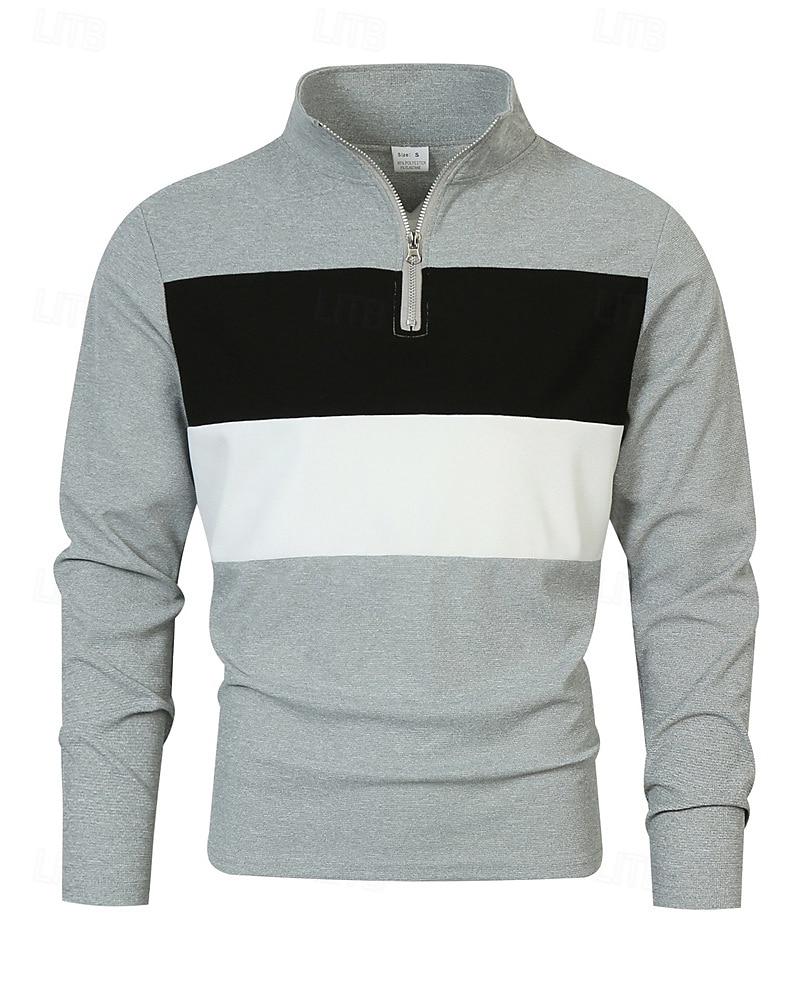 Herren Poloshirts Viertel-Reißverschluss-Poloshirt Alltagskleidung Date Viertelreißverschluss Langarm Mode Basic Farbblock Patchwork Reißverschluss Frühling Herbst Normale Passform Schwarz Wei 2025 - $18.99 –P17