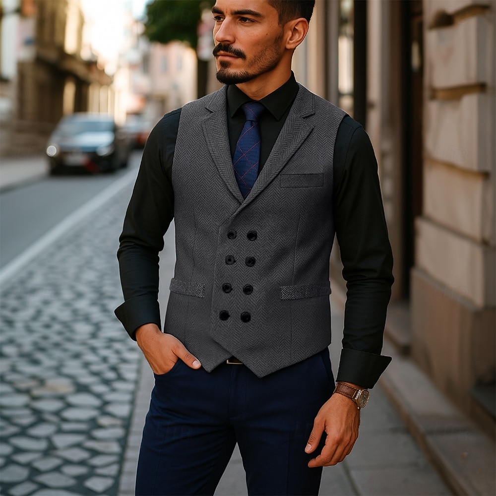 Herre سترة Veste Feriereise Daglig Bryllupsfest Stevnemøte Årgang Mote Vår Høst Lomme Knapper Polyester Tweed Bekvem عادي Fiskebein Dobbeltkneppet Hakkjakkeslag Normal Burgunder kaffe Grå Vest 2025 - $35.99 –P14
