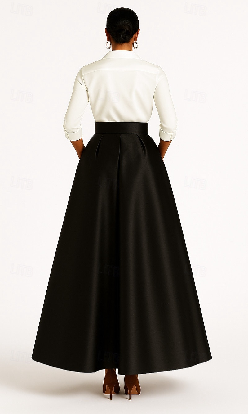 abito da sera a trapezio bianco e nero elegante abito formale da sposa lungo fino al pavimento manica a 3/4 colletto camicia in raso elasticizzato con pieghe 2025 del 2025 a $149.99 –P2