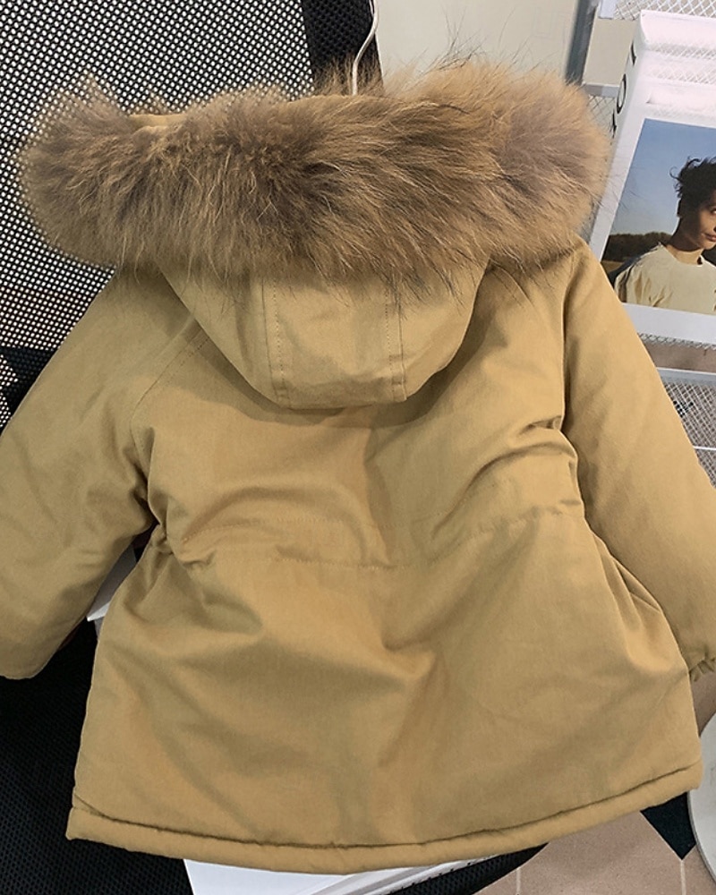 Kinderen Voor meisjes Dons Effen Kleur Modieus Bontzoom School jas bovenkleding 4-12 jaar Winter Blozend Roze Khaki 2025 - $36.99 –P2