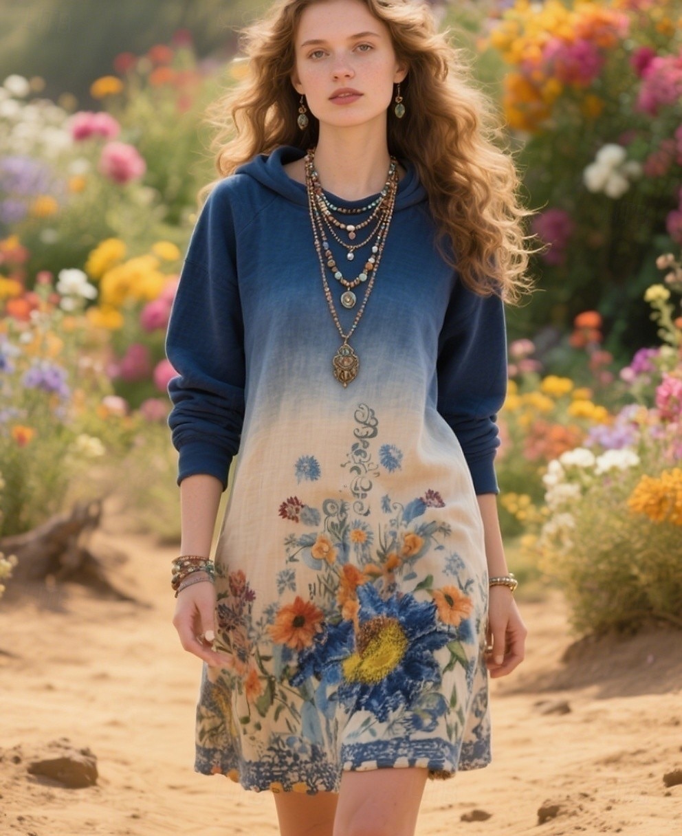 Vestito corto da donna con stampa 3D, stile boho, per le vacanze, per uscire, vestibilità regolare, con stampa floreale, manica lunga, felpa con cappuccio, rosso, blu, viola, verde, primavera, del 2025 a $29.99 –P1