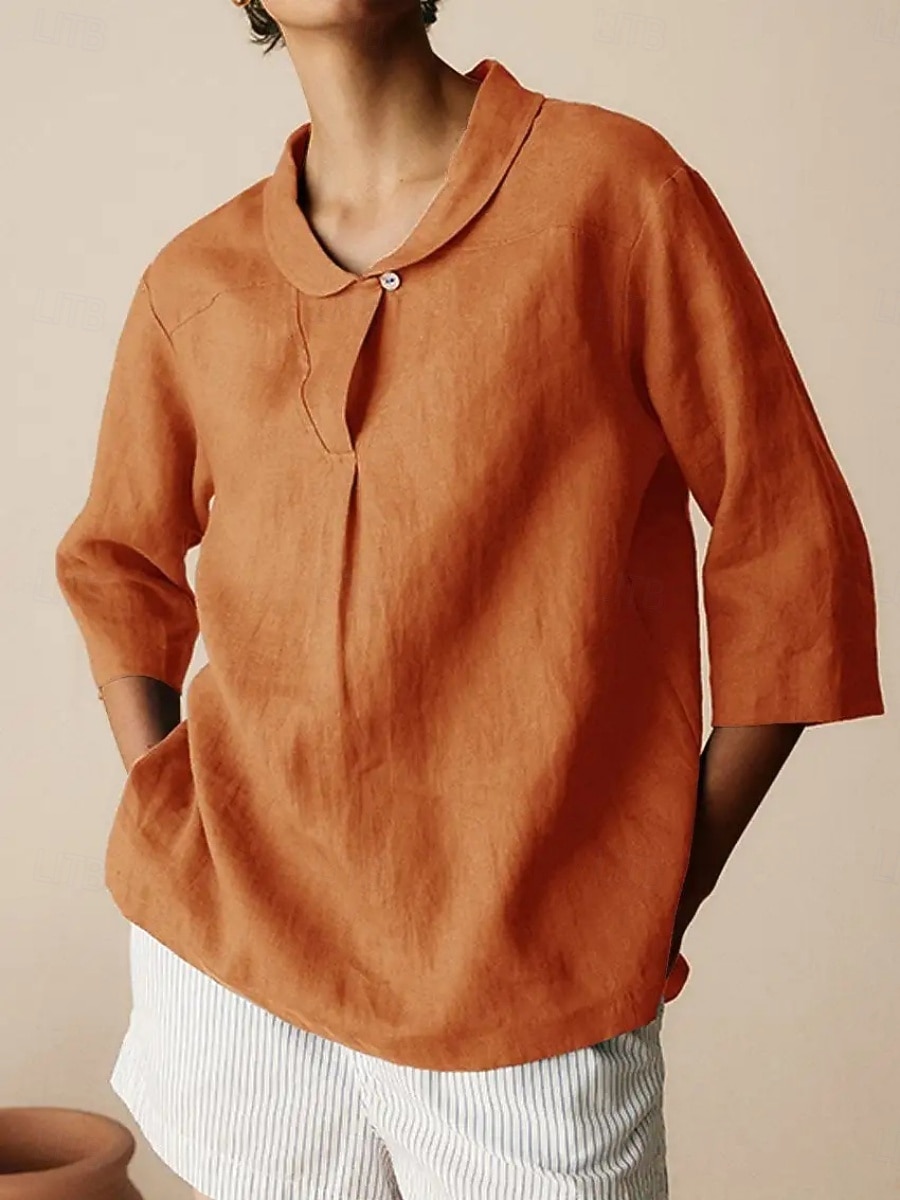 Per donna Camicie di cotone e lino Semplice Quotidiano Moderno Manica 3/4 Colletto a Camicia Top Regolari Quotidiano Bottoni Nero Arancione Marrone Cachi Grigio Estate Primavera Autunno del 2025 a $19.99 –P10