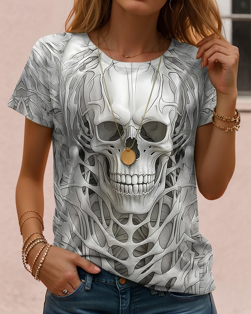 Halloween Damen T Shirt Grafik Schädel Halloween Vintage Stilvoll Klassisch Kurzarm Rundhalsausschnitt Normale Oberteile Täglich Wochenende Druck Schwarz Rote Leicht Braun Blau Orange Herbst Winter 2025 - $22.99 –P1