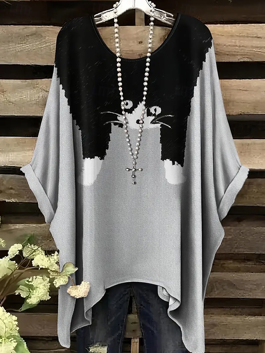 Dame Bluse Grafisk Dyr Katt Årgang Daglig Fritid Halvlange ermer Flaggermusermer Crew-hals Lange topper Daglig Ferie Strand Klær Assymetrisk Gul Rød Blå Kamel Grå Sommer Vår 2025 - $22.99 –P1