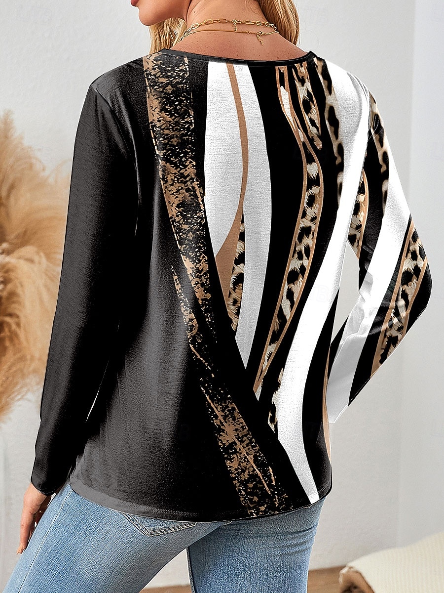 Pentru femei Tricou Grafic Leopard Geometric Epocă Stilat Clasic Manșon Lung În V Topuri obișnuite Zilnic Eliminat Imprimeu Galben Albastru piscină Mov Trifoi Gri Primăvară Toamnă 2025 - $22.99 –P2
